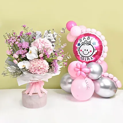 Baby Girl Balloons with Flowers Bouquet: Mixed Flower Bouquets