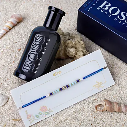 Beads of Bond Blue Rakhi N Hugo Boss Perfumes: Pearl Rakhi