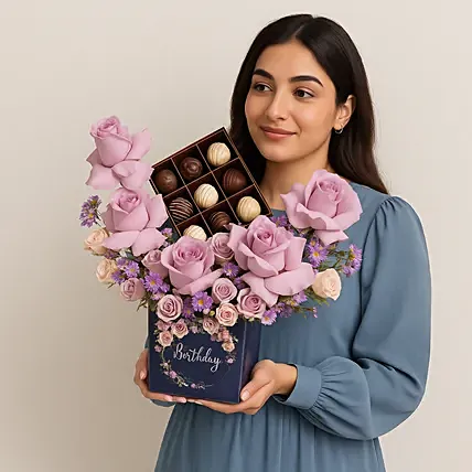 Birthday flowers with Premium Belgian Chocolates: One Hour Delivery Flowers