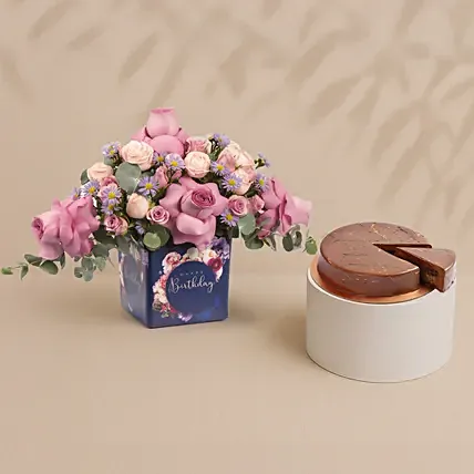 Birthday Roses Arrangement With Dubai Cake: 1 Hour Gift Delivery