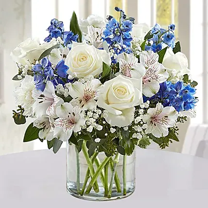 Blue and White Floral Bunch In Glass Vase: Birthday Flowers for Him