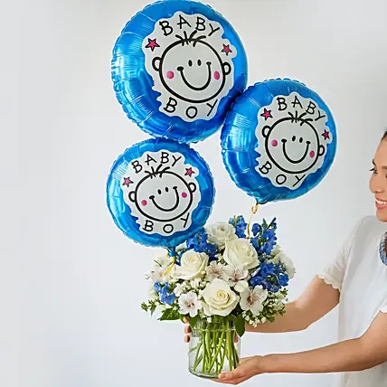 Blue and White Flower Arrangement With Balloons: Combo Offers