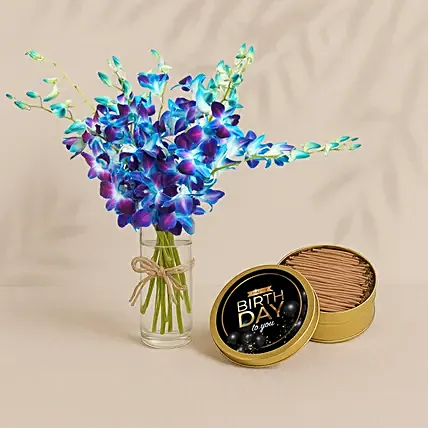 Blue Orchids Bouquet With Tin Cake: Birthday Flowers & Cakes