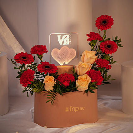 Blushing Beauty Roses With Led Love Lamp: Valentines Day Flower Arrangements