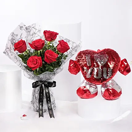 Bouquet of 6 Red Roses With Hugging Heart for Valentines: Propose Day Gifts
