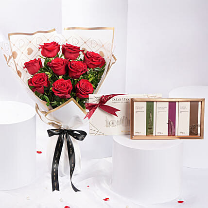 Bouquet of 9 Red Roses With Dubai Chocolates for Valentines: Valentines Day Flowers and Chocolates
