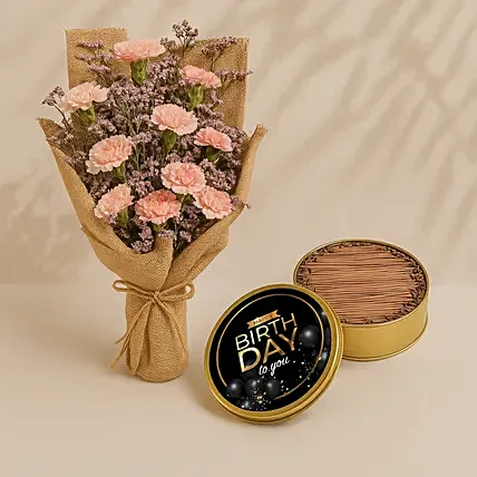 Charming Pink Carnations With Happy Birthday Cake In Tin Box: 