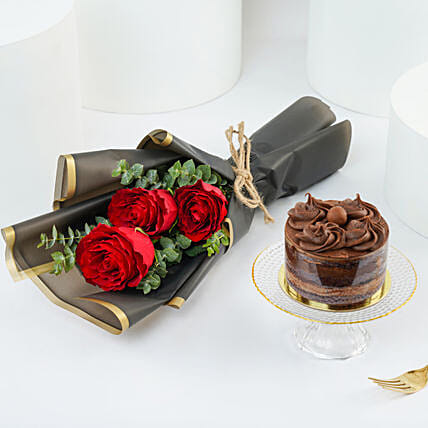 Chocolate Mini Cake N Red Rose Bouquet: Thank You Flowers 