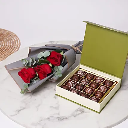 Chocolate Truffles and Fresh Red Roses: Flowers With Sweets 
