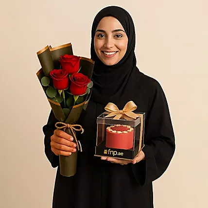 Designer Cake and Red Roses Bouquet: Birthday Flowers & Cakes