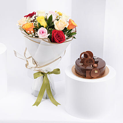 Dozen Multi Roses with Fudge Cake: Anniversary Gifts to Fujairah