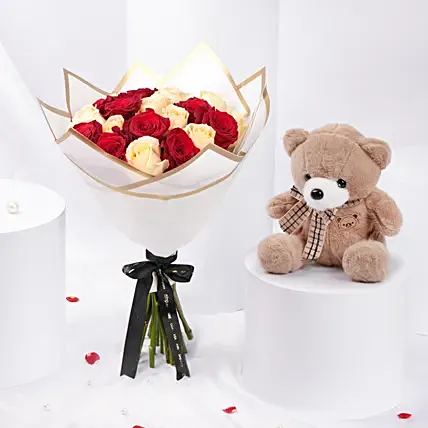 ElegantDuo Of Roses Bouquet With Teddy Bear: Flowers and Teddy Bears 