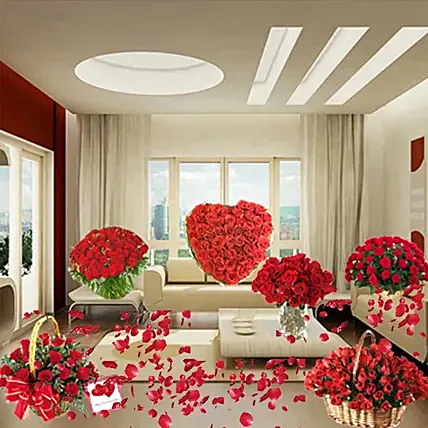 مجموعة باقات ورد أحمر وقلب بالورود وورد في فازه: لوازم حفلات