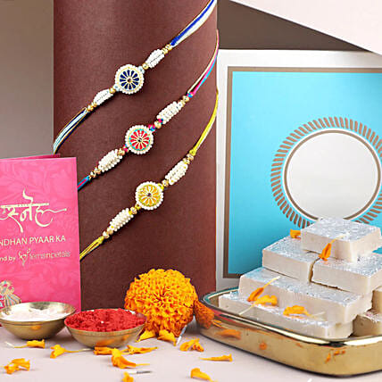 Floral Heritage Round Rakhi Set of 3 N Kaju Katli: Set of 3 Rakhi
