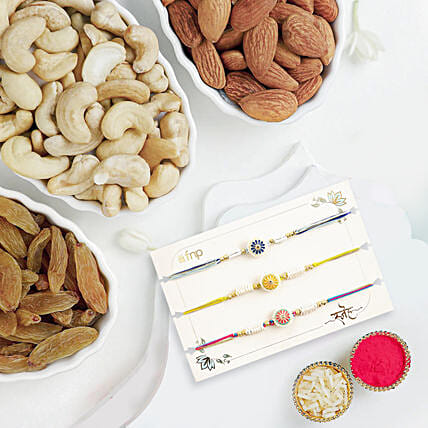 Floral Heritage Round Rakhi Set of 3 With Almonds and Cashew: Rakhi 