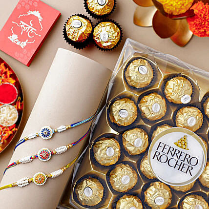 Floral Heritage Round Rakhi Trio N Ferrero Rocher 24 Pcs: Set of 3 Rakhi