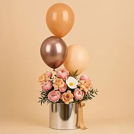 Flowers And Balloons in Silver Box: Gifts Delivery Dubai