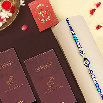 Galactic Blue Protector Evil Eye Rakhi N Milk Chocolates: Designer Fancy Rakhi