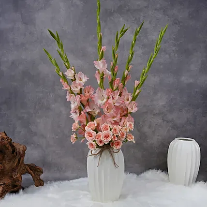 Gladiolus And Roses In A Premium Vase: 