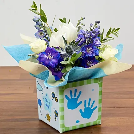 Glass Vase Arrangement Of Tulips And Roses: New Born Baby Gifts