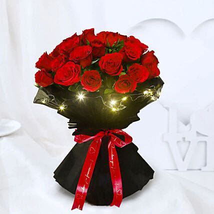 LED Wrapping Rose Elegance Bouquet: Karwa Chauth Flowers 