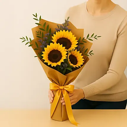 Mesmerising Sunflowers Beautifully Tied Bouquet: Sunflower Bouquets