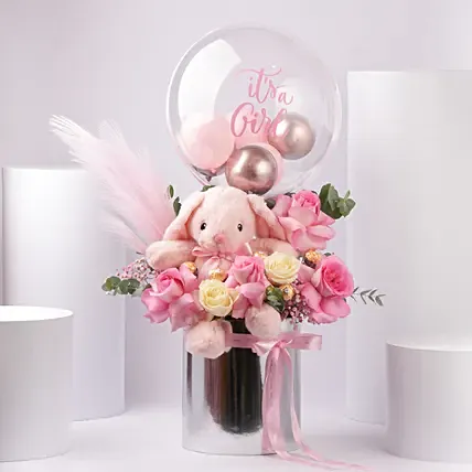 New Born Girl Bloom Hug Box: Flowers and Balloons