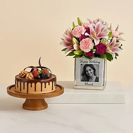 Personalised Birthday Flowers Vase n Cake: Birthday Combos