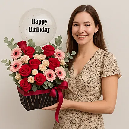 Birthday Balloon & Flower Basket: 