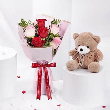 Pink and Red Roses Beauty Bouquet With Teddy Bear For Valentines: Rose Day Flowers & Teddy Bears