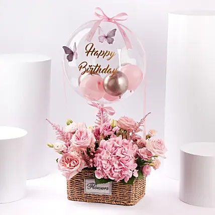 Pink Birthday Flower Basket With Balloon: 