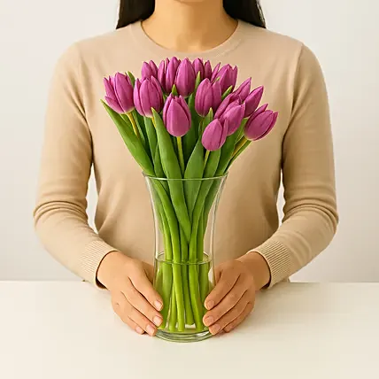 Purple Tulips in Glass Vase: Gifts Delivery Dubai