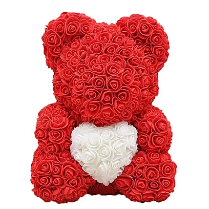 Rose Cuddle Artificial Teddy With White Heart 33Cm: Rose Teddy Bears
