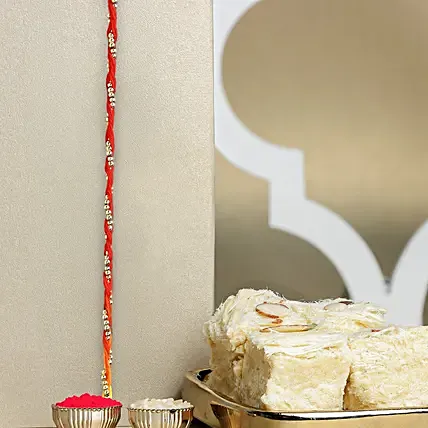 Sacred Bead Work Mauli Rakhi With Soan Papdi: Rakhi with Sweets