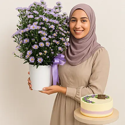 Aster Flower and Cake Combo: Flowers and Cake for Birthday 