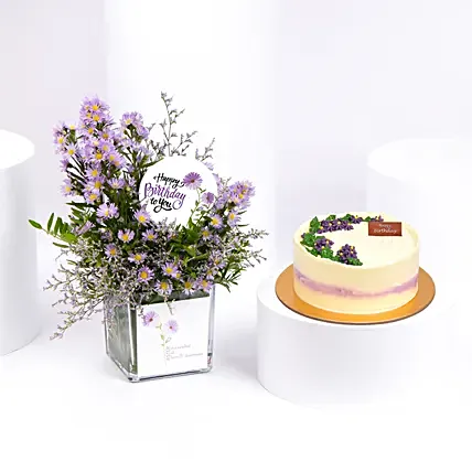 Aster Birthday Flowers Vase with Cake: Flowers