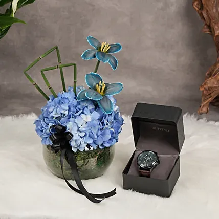 Titan Watch For Him Blue Dial, Floral Arrangement: Accessories