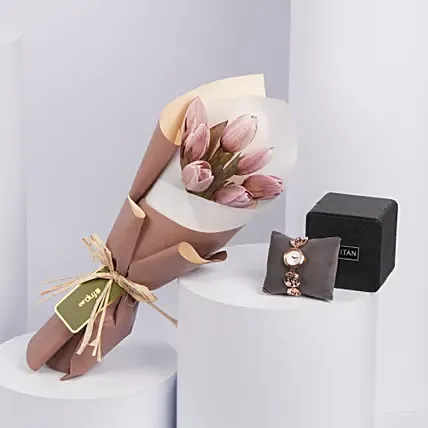 Titan Watch for her: Pink Dial, Tulip Bouquet Gift: Accessories