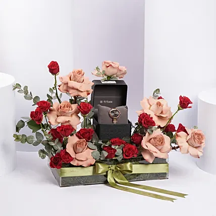 باقة ورود و ساعة تيتان راغا نسائية: Last Minute Delivery Gifts