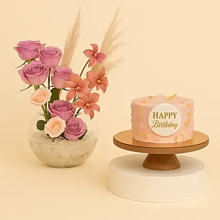 Tulips and Roses with Birthday Cake: 