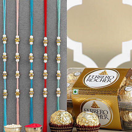 Understated Elegances Beads Rakhi Set Of 5 And 16 Pcs Ferrero Rocher: Set of 5 Rakhi