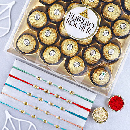 Understated Elegances Beads Rakhi Set Of 5 And 24 Pcs Ferrero Rocher: Set of 5 Rakhi