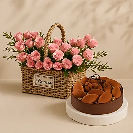 Pink Spray Roses Basket with Tiramisu Cake: 