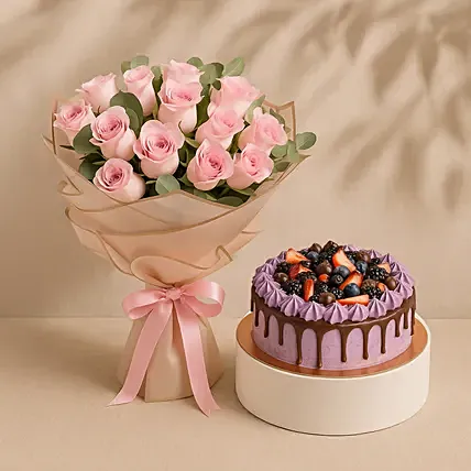 Pink Roses Bouquet With Chocolate Berry Cake: Flowers