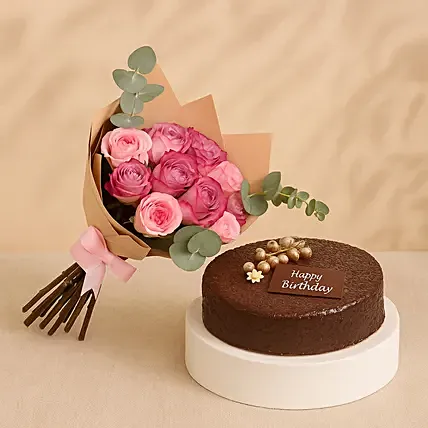 Roses Bouquet with Dark Chocolate Birthday Cake: Flower Delivery in Abu Dhabi