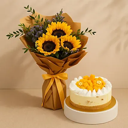 Sunflower Bouquet With Mango Cheese Cake: 