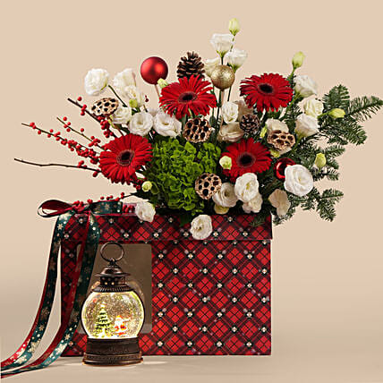 Festive Snow Globe And Flowers Gift Set: Red Flowers Bouquets