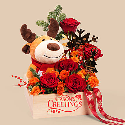 Jolly Reindeer Floral Gift Set: Red Flowers Bouquets