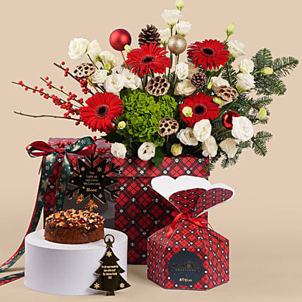 Festive Floral And Cake Gift Set: Red Flowers Bouquets