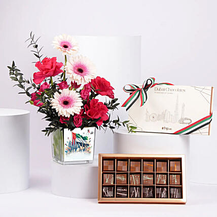 Luxury Emirati Womens Day Flower Arrangement And Dubai Chocolate: Chocolate Combos
